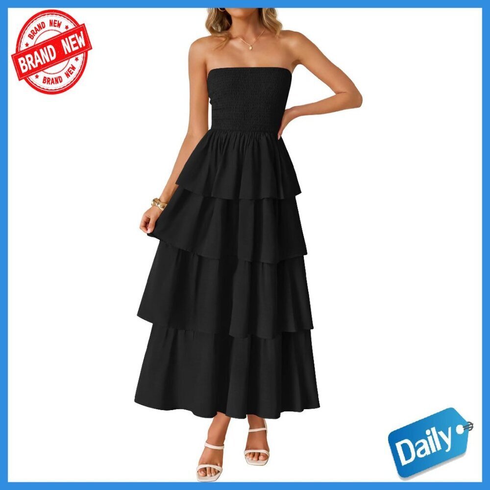 Strapless Maxi Dress Smocked Tiered Boho Summer Beach Sundress